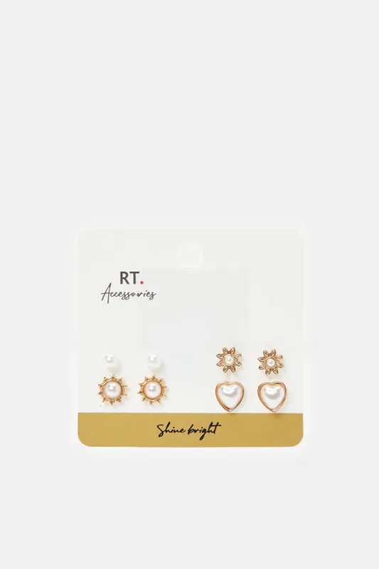 Women Gold Pearls Studs (4 Pairs) sold by Redtag