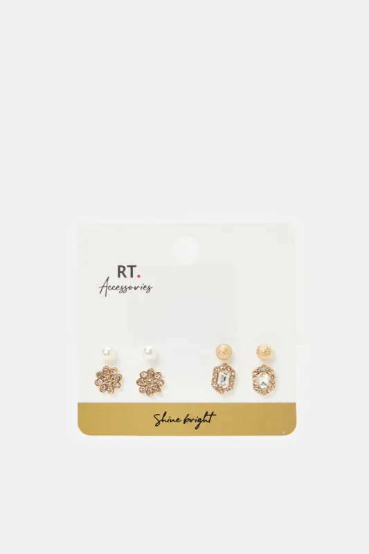 Women Gold Studs (4 Pairs) sold by Redtag