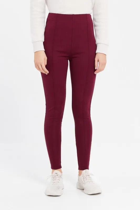 Women Burgundy Ponte Legging With Front Pleat sold by Redtag