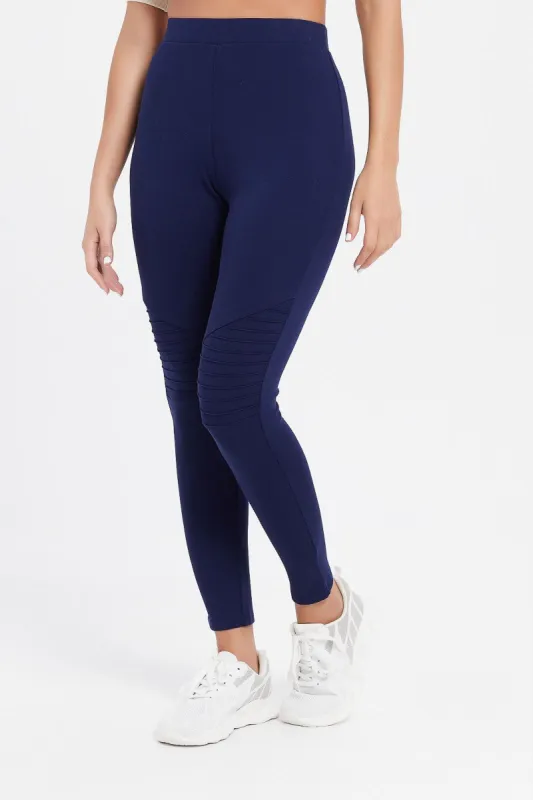 Women Navy Ponte Legging With Biker Details sold by Redtag