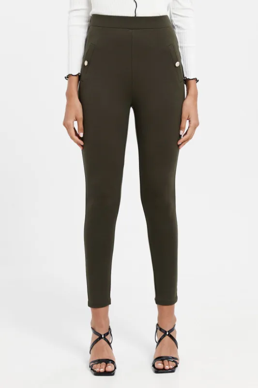 Women Olive Double Pocket Button Leggings sold by Redtag