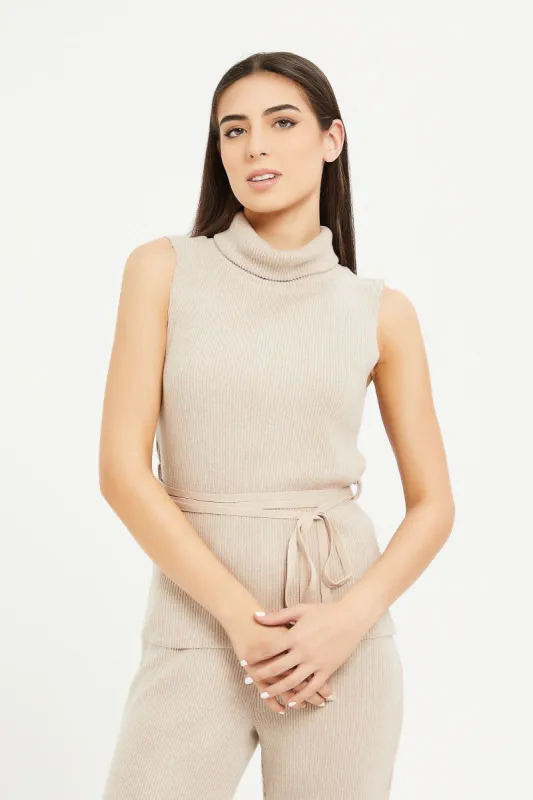 Beige Sleeveless Roll Neck Belted sold by Redtag