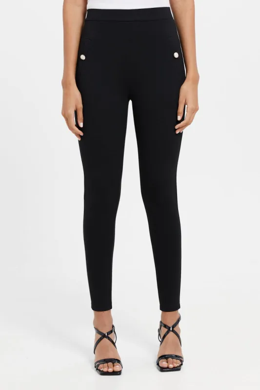 Women Black Double Pocket Button Leggings sold by Redtag