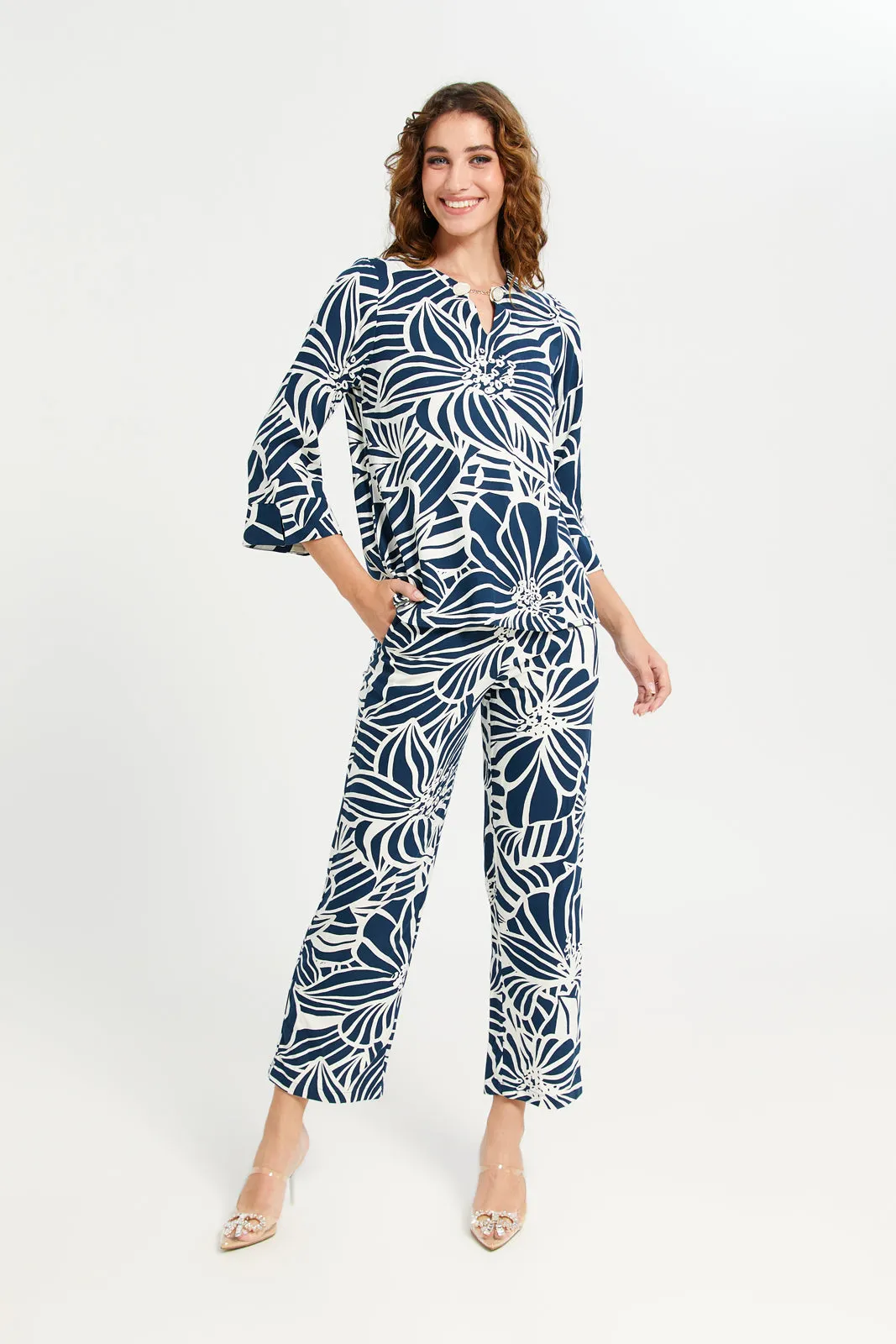 Women Blue Mono Print Metal Trim Blouse sold by Redtag product image thumbnail 2