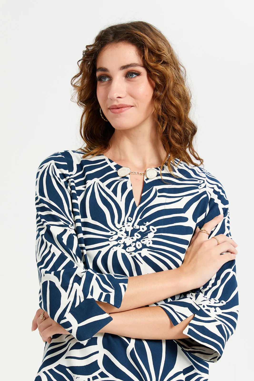 Women Blue Mono Print Metal Trim Blouse sold by Redtag product image thumbnail 4