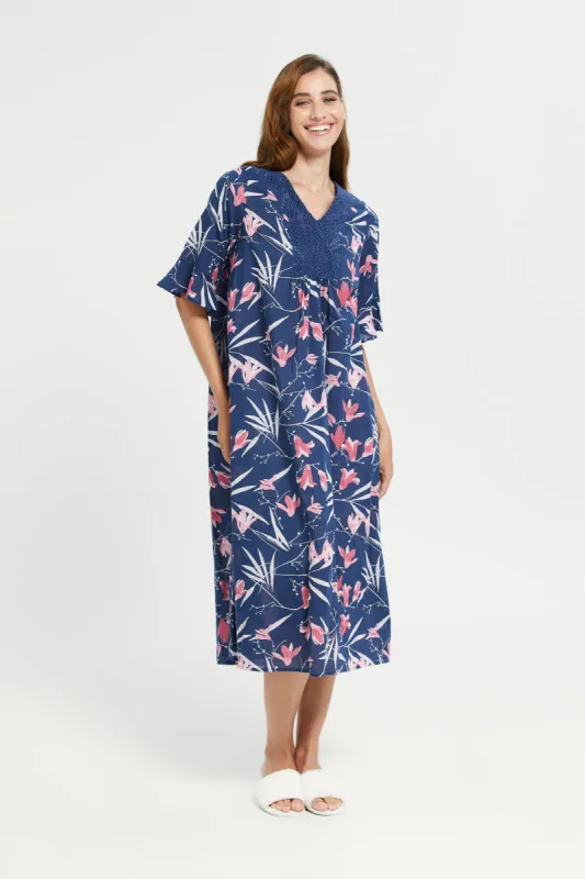 Blue Short Sleeve Printed Lace Nightgown sold by Redtag