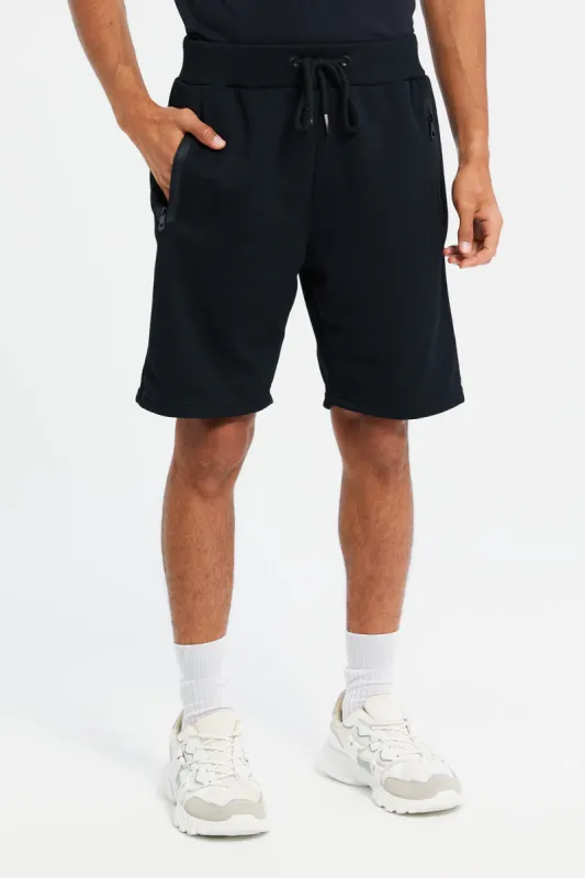 Men Black Mid Rise Tech Shorts With Zip Pockets sold by Redtag