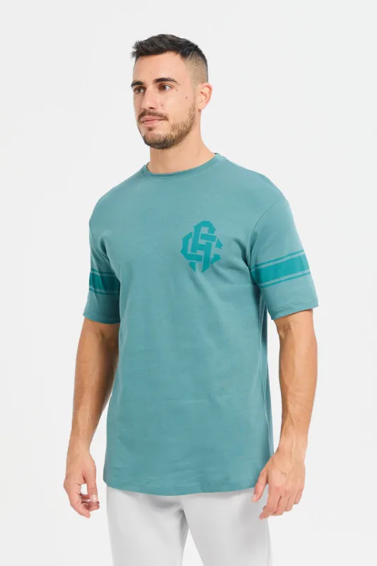 Men Green Longline Varsity T-Shirt sold by Redtag