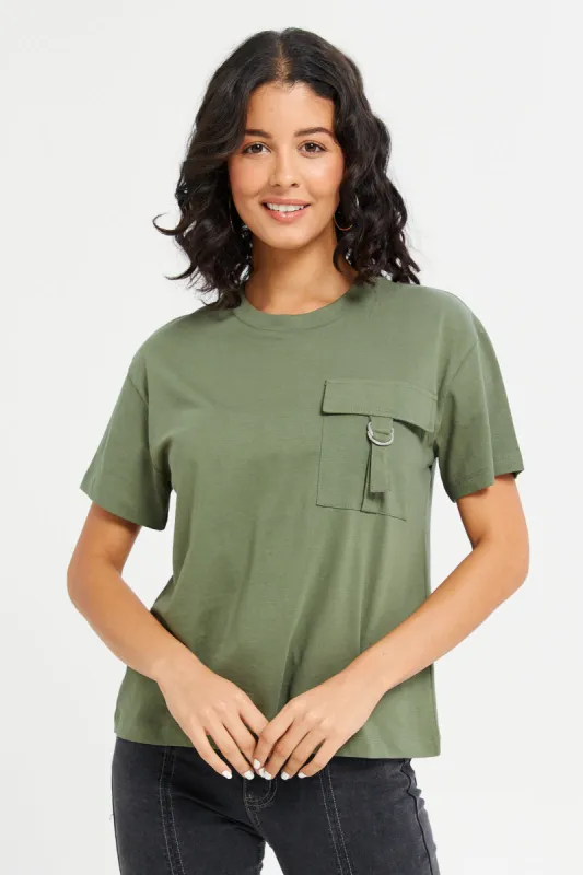 Women Olive Boxy With Pocket T-Shirt sold by Redtag