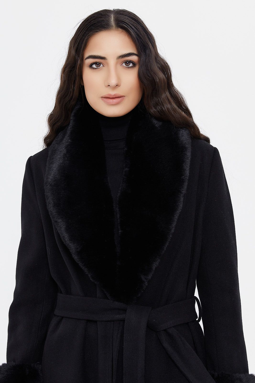 Women Black Faux Fur Belted Coat sold by Redtag product image thumbnail 4