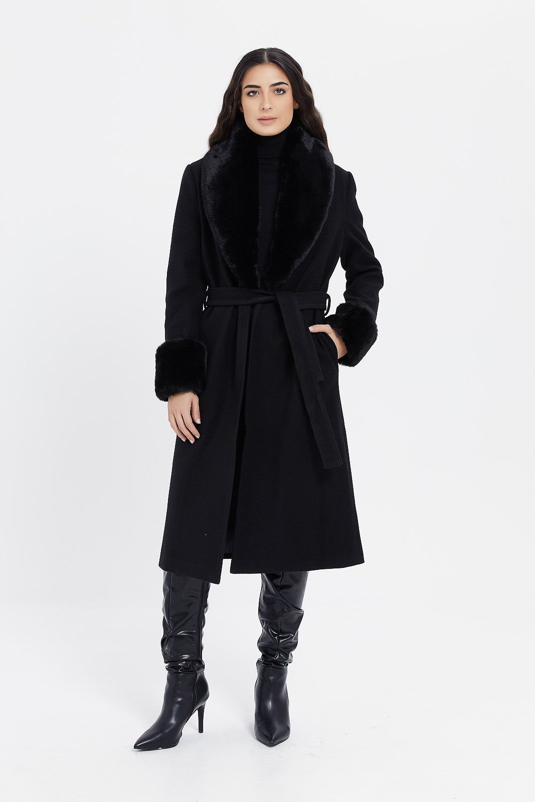 Women Black Faux Fur Belted Coat sold by Redtag product image thumbnail 3