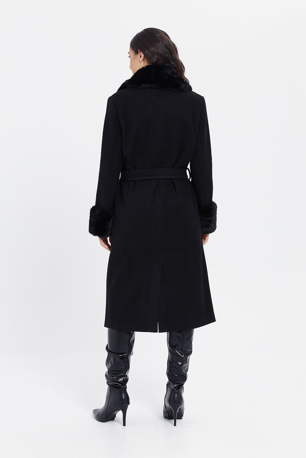 Women Black Faux Fur Belted Coat sold by Redtag product image thumbnail 2