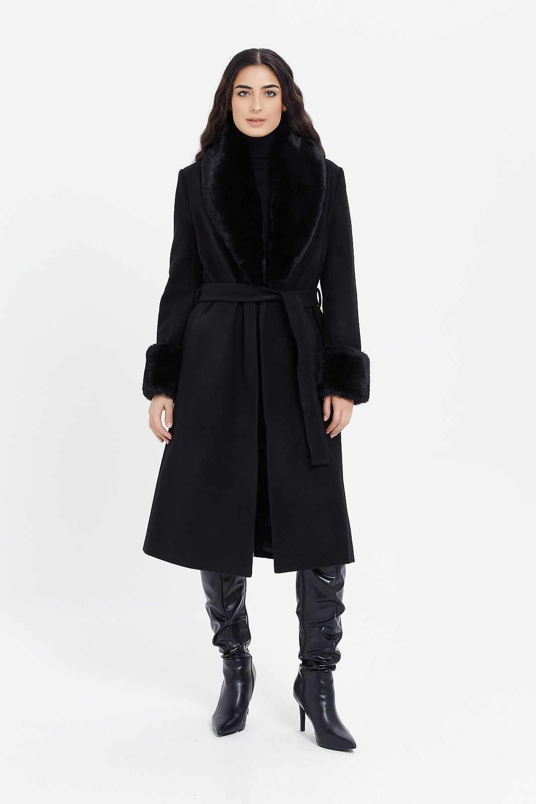Women Black Faux Fur Belted Coat sold by Redtag