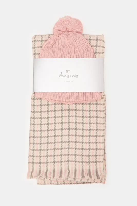 Women Pink Check Knitted Scarf Set (2 Piece) sold by Redtag