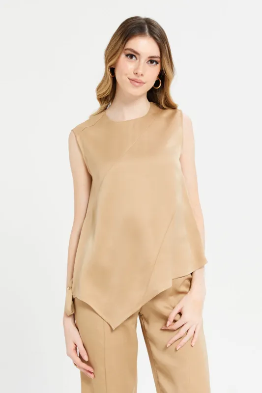 Women Beige Satin Side Bow Blouse sold by Redtag