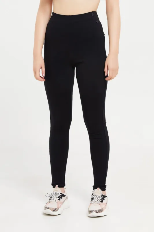 Women Black Elastic Ponte Legging sold by Redtag