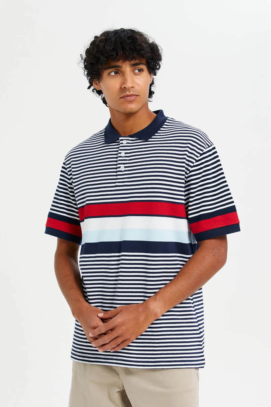 Men Grey And Red Striped Polo Shirt sold by Redtag
