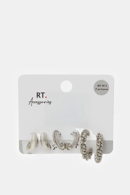Women Silver Embellished Earrings Set (3 Pairs) sold by Redtag