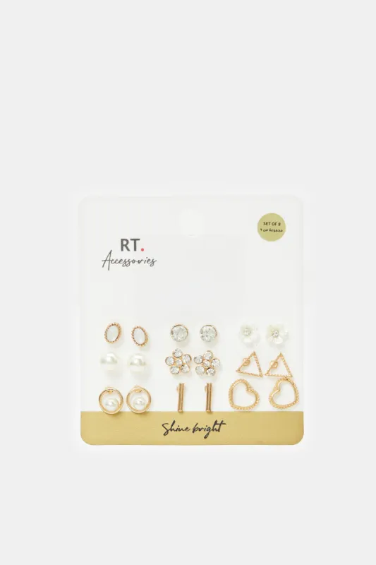 Women Gold Embellished Studs Set (9 Pairs) sold by Redtag