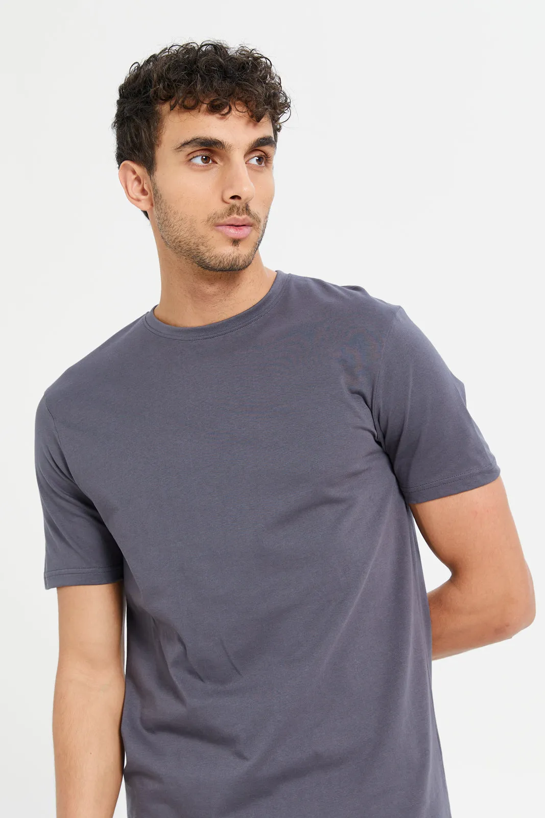 Men Grey Plain Round Neck T-Shirt sold by Redtag product image thumbnail 4