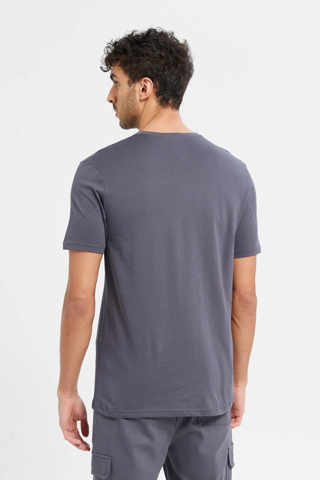 Men Grey Plain Round Neck T-Shirt sold by Redtag product image thumbnail 3