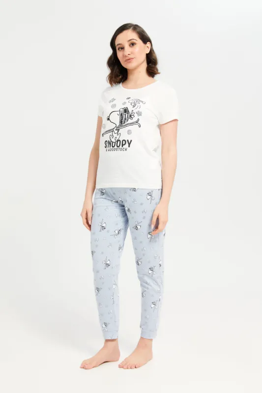 Women White And Blue Snoopy Print Pajama Set (2 Piece) sold by Redtag