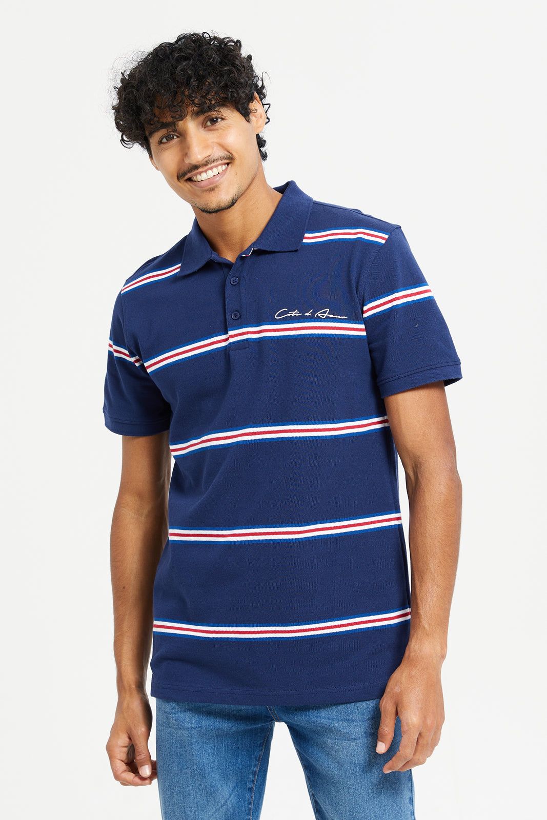 Men Navy Striped Polo Shirt sold by Redtag