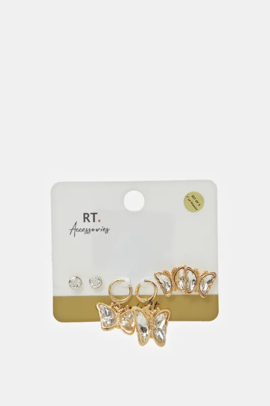 Women Gold Embellished Earrings Set (3 Pairs) sold by Redtag