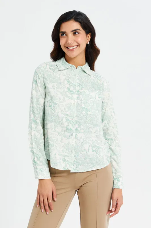 Women Teal And White Printed Shirt Blouse sold by Redtag