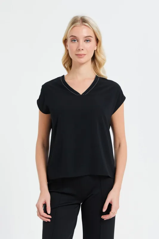 Women Black Neck Trim Detailed Top sold by Redtag