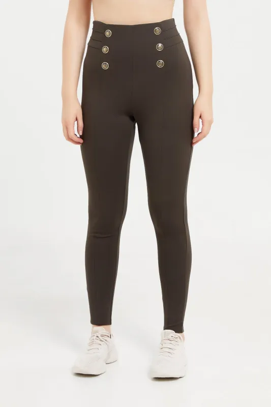 Women Green Ponte Legging With Buttons sold by Redtag