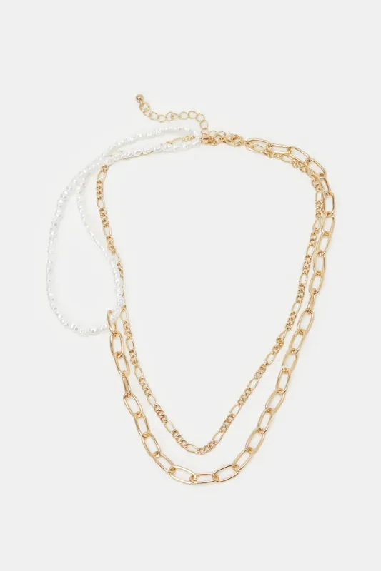 Women Gold And White Embellished pearl Necklace sold by Redtag