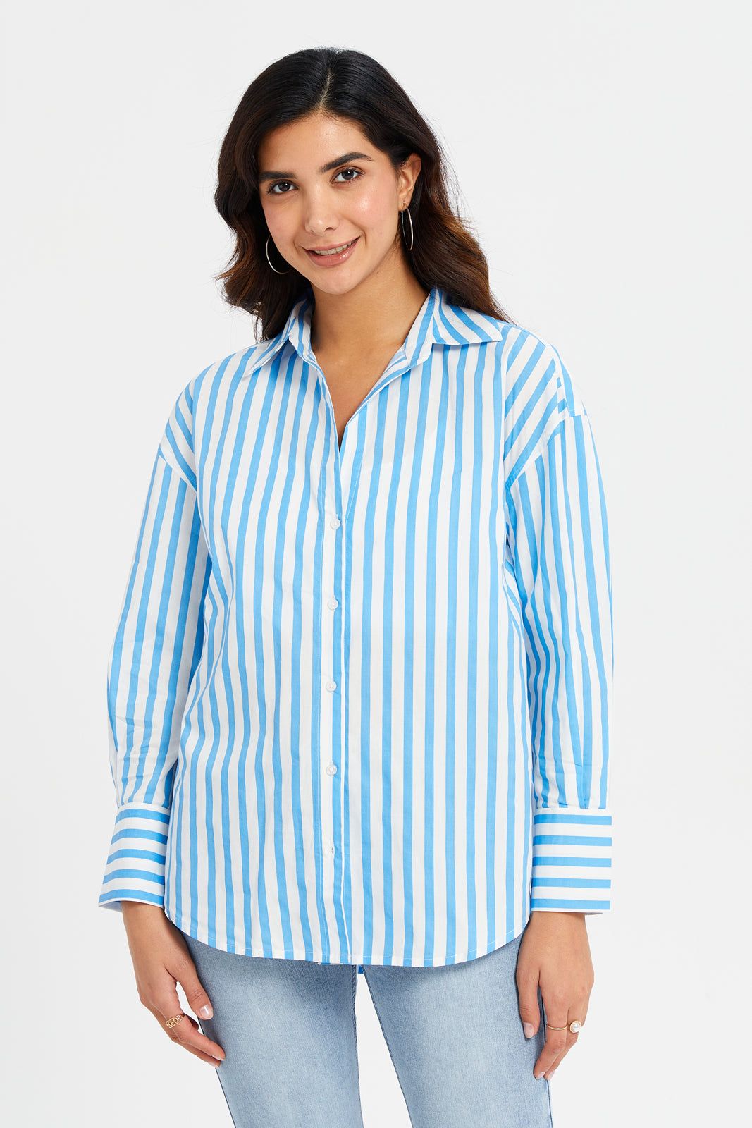 Women Blue Striped Oversize Shirt sold by Redtag