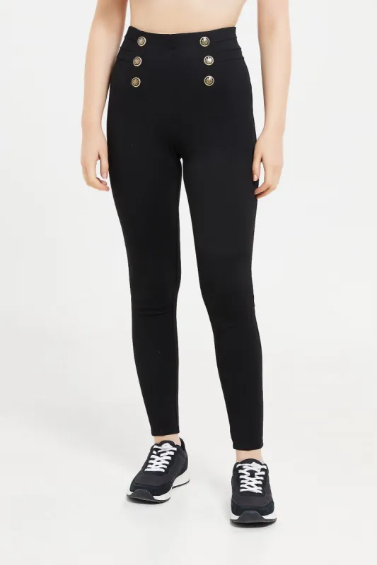 Women Black Ponte Legging With Buttons sold by Redtag
