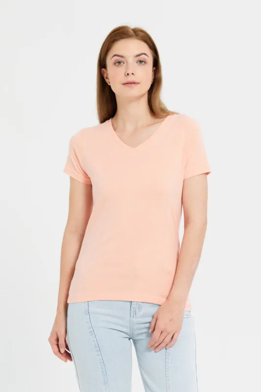 Women Orange Short Sleeve V- Neck T-Shirt sold by Redtag