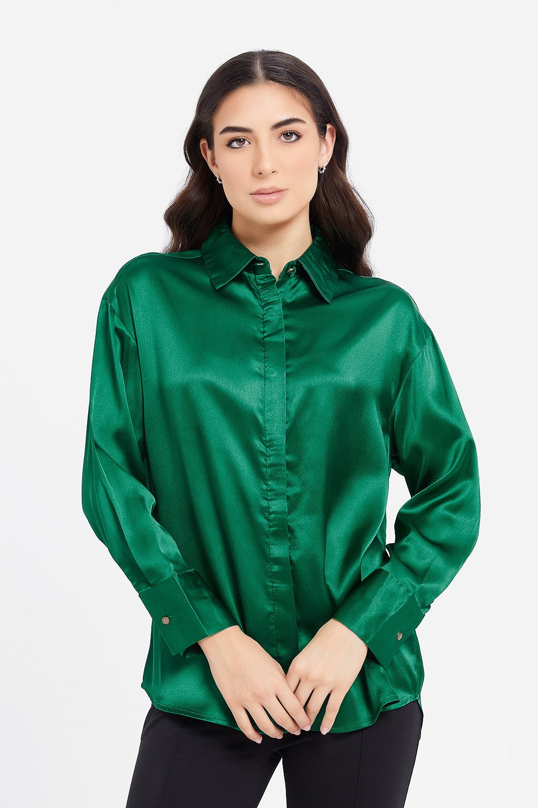 Women Green Oversized Satin Shirt sold by Redtag