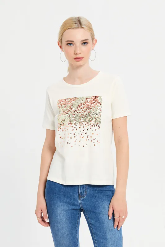 Women Cream Embellished T-Shirt sold by Redtag