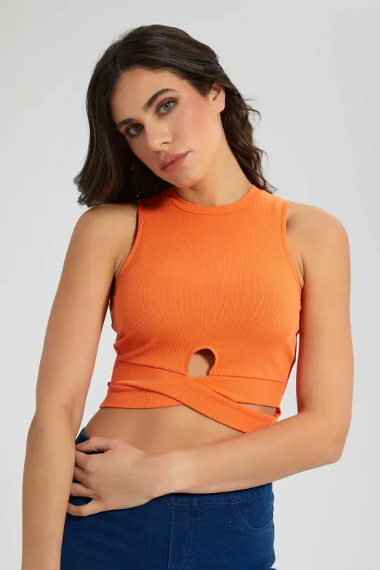 Orange Ribbed Jersey Cutaway Top sold by Redtag