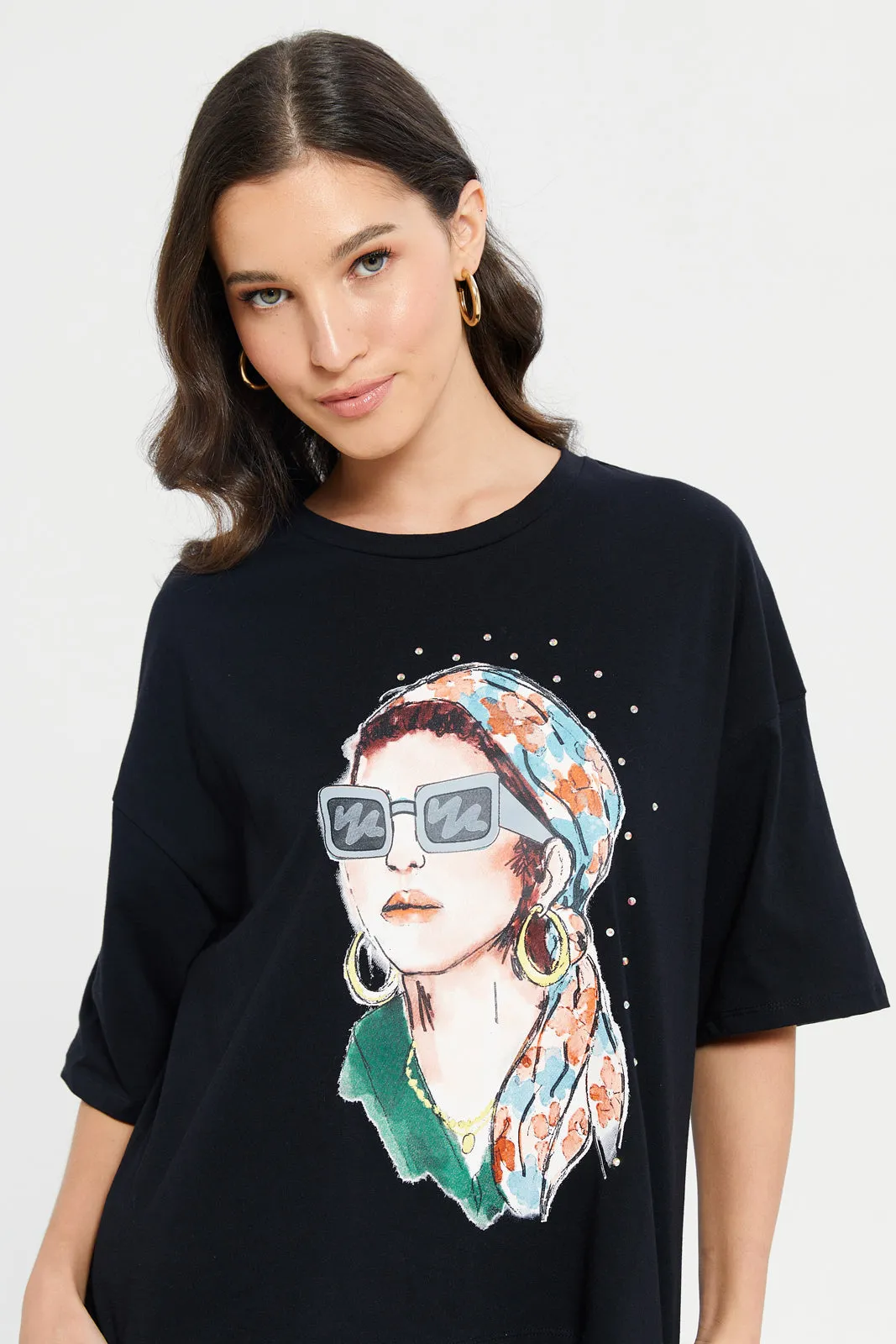 Woman Black Printed Embellished T-Shirt sold by Redtag product image thumbnail 4