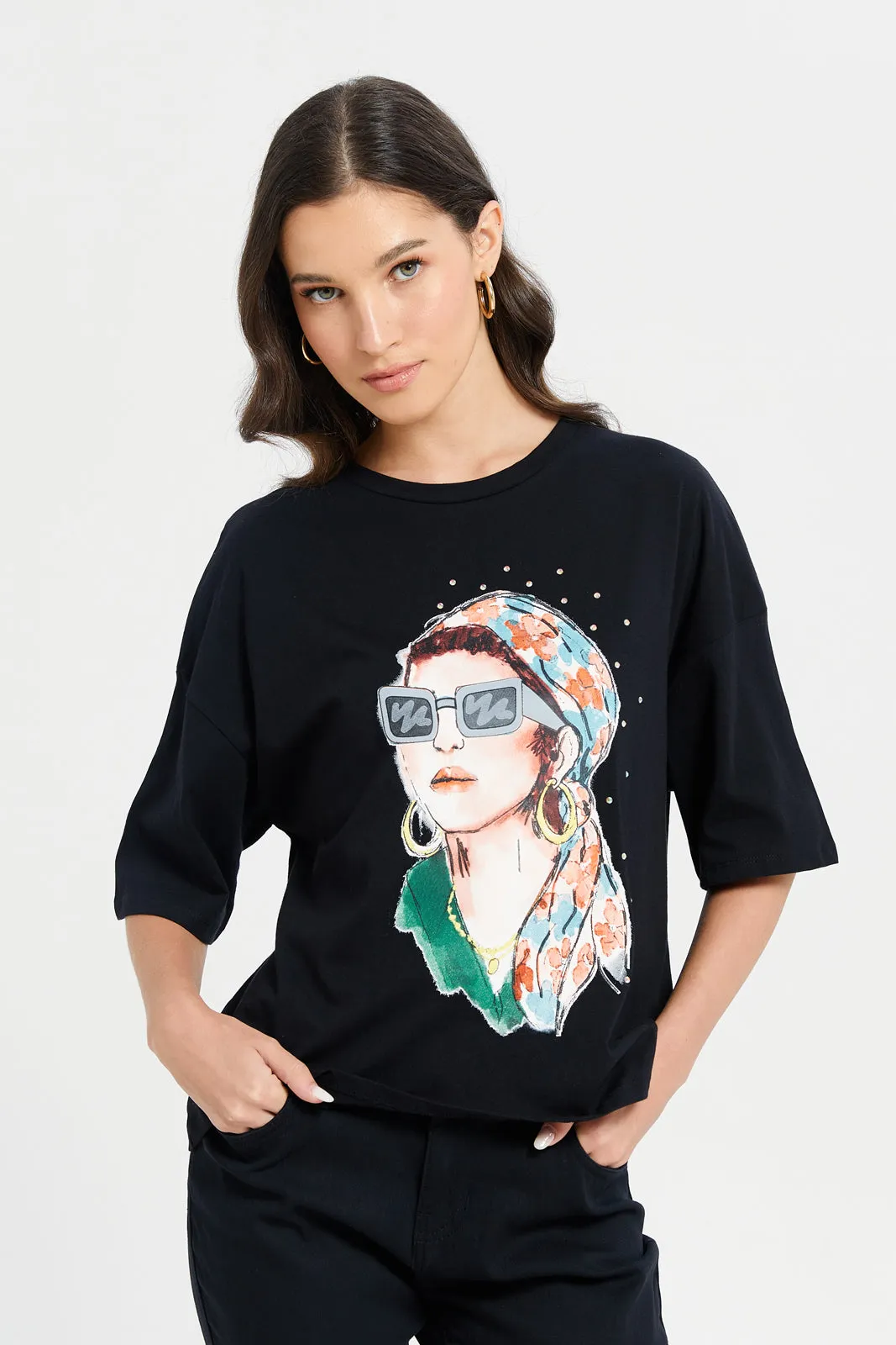 Woman Black Printed Embellished T-Shirt sold by Redtag
