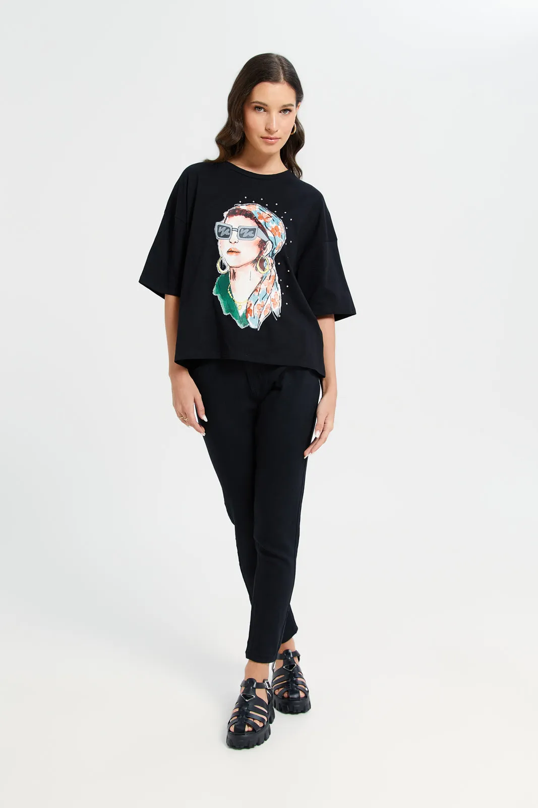 Woman Black Printed Embellished T-Shirt sold by Redtag product image thumbnail 2