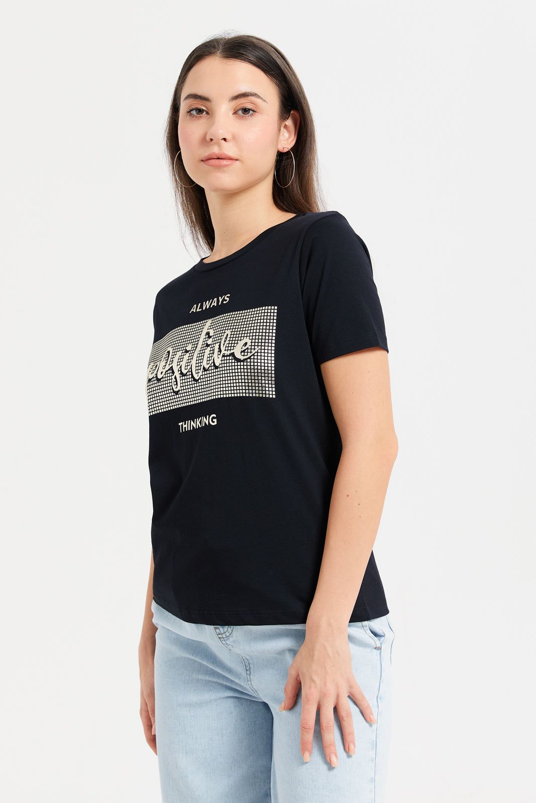 Women Black Positive Print T-Shirt sold by Redtag