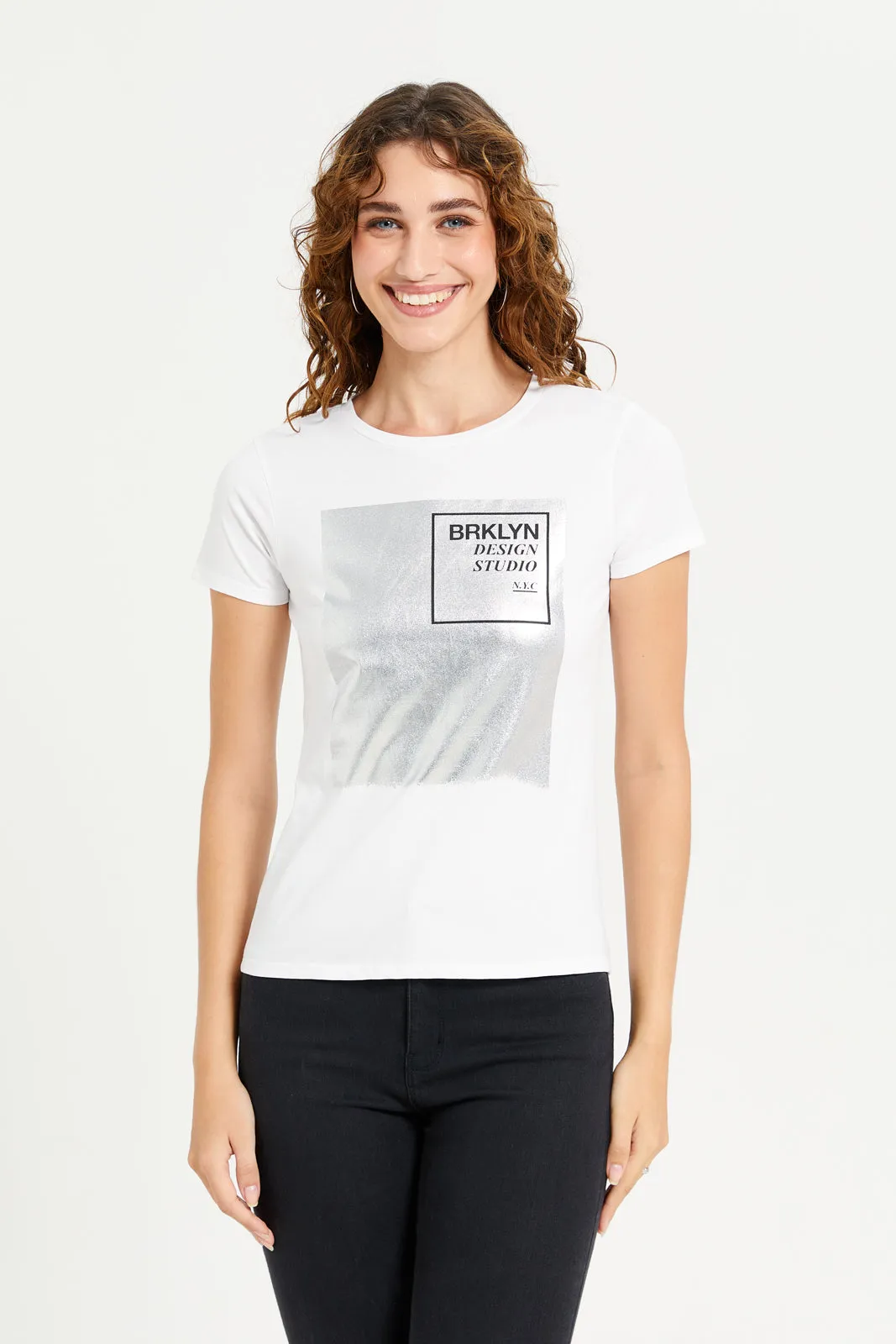 Women White Foil Printed T-Shirt sold by Redtag