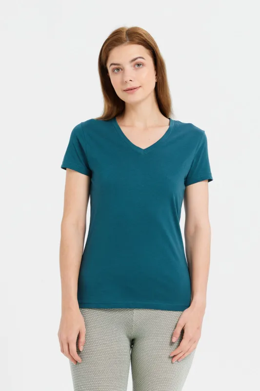Women Teal Plain Short Sleeve T-Shirt sold by Redtag