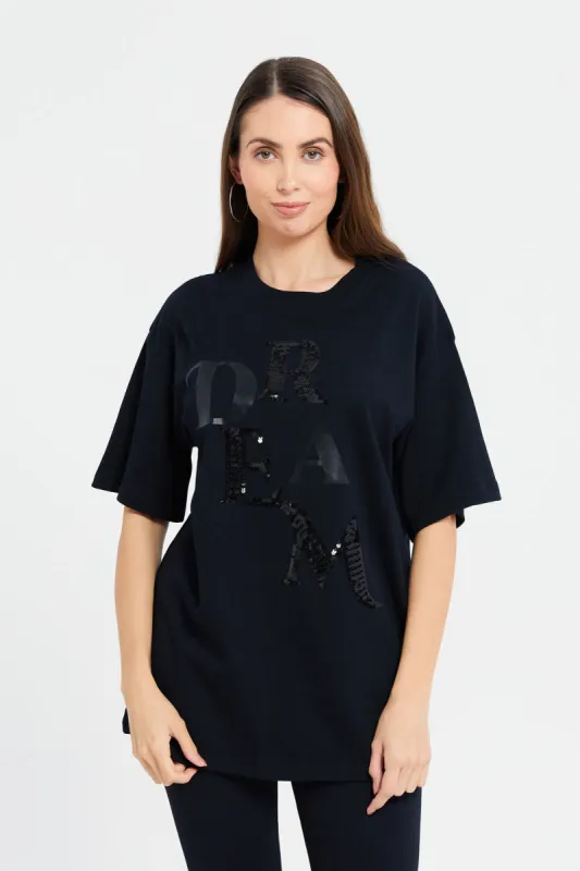 Women Black Oversized Embellished T-Shirt sold by Redtag