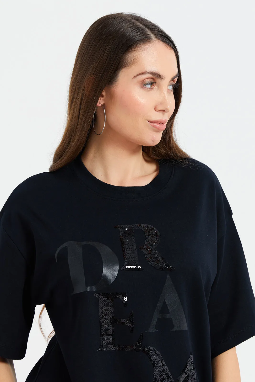 Women Black Oversized Embellished T-Shirt sold by Redtag product image thumbnail 4