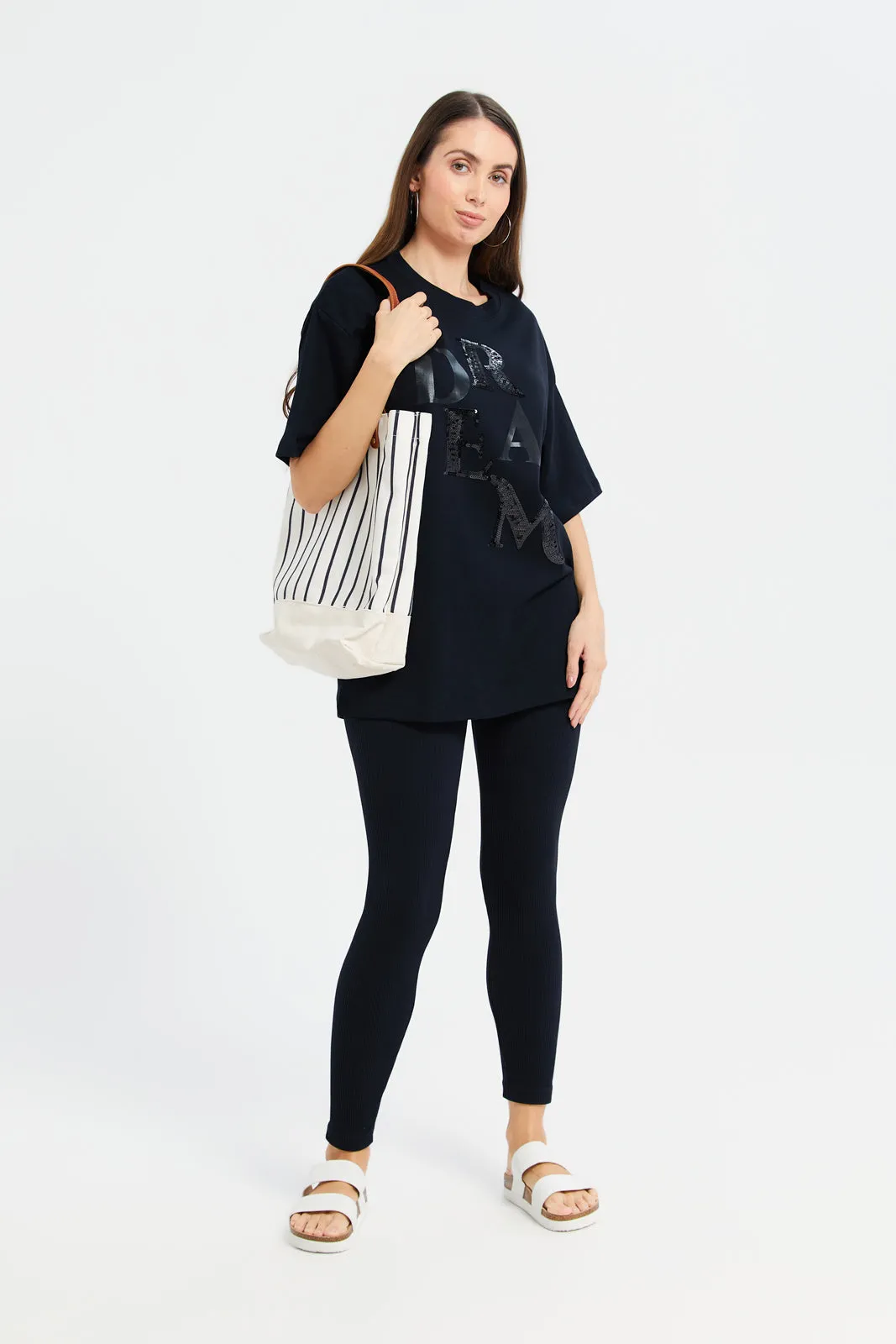 Women Black Oversized Embellished T-Shirt sold by Redtag product image thumbnail 2