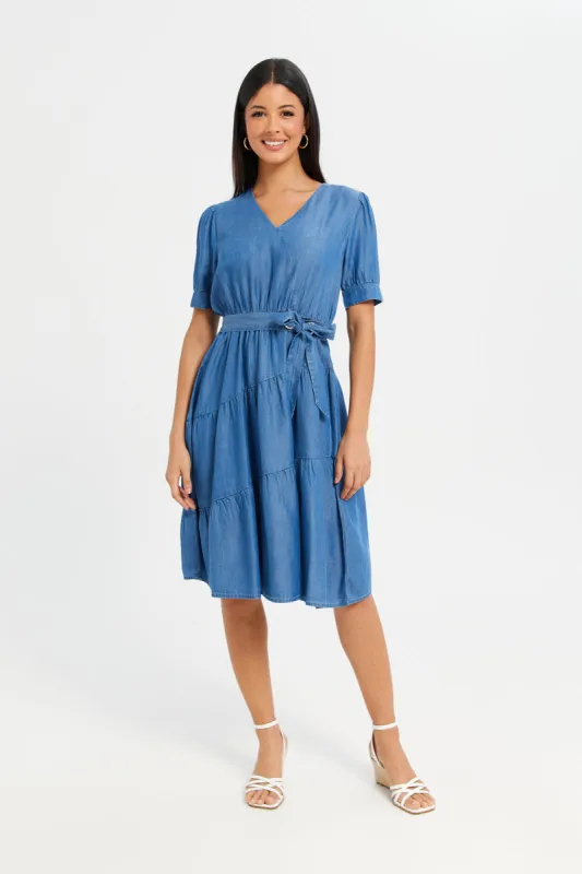 Women Blue Denim Tiered Dress sold by Redtag