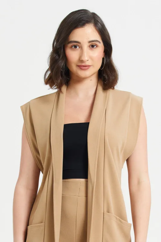 Women Beige Plain Sleeveless Jacket sold by Redtag