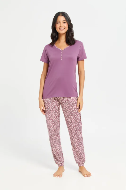 Women Purple Printed Pajama Set (2 Piece) sold by Redtag